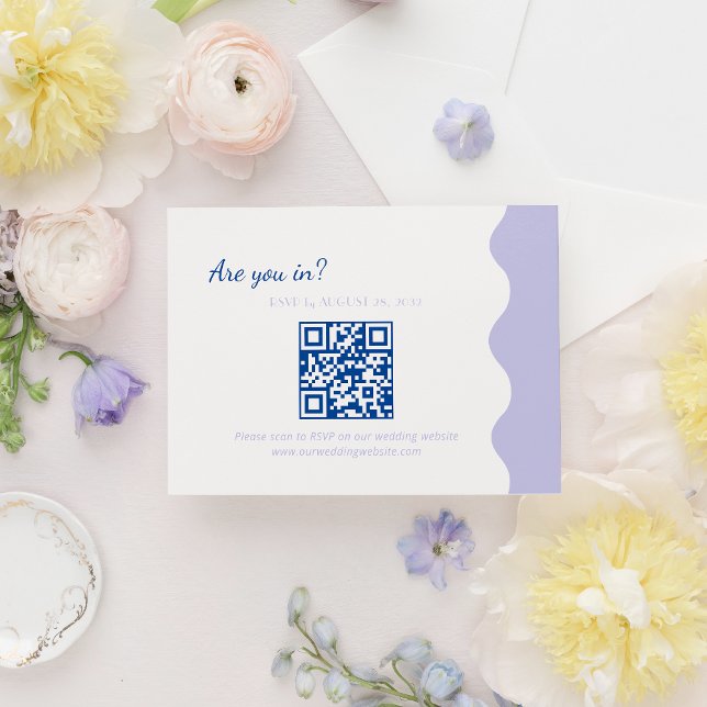 Modern Blue Lavender Wave Scallop QR Code Wedding RSVP Card (Creator Uploaded)