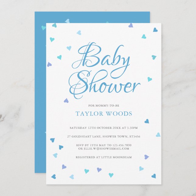 Modern Blue Love Hearts Baby Boy Shower / Sprinkle Invitation (Front/Back)