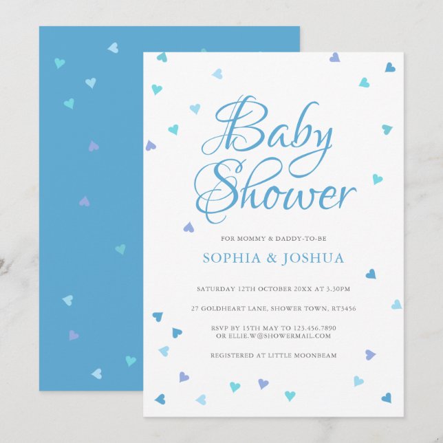 Modern Blue Love Hearts Couples Baby Boy Shower Invitation (Front/Back)