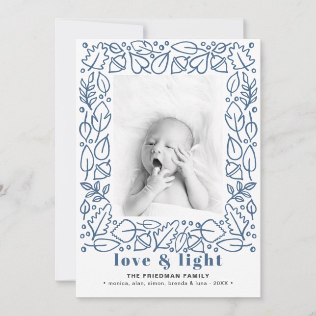 Modern Blue Love & Light Hanukkah Photo Holiday Card (Front)