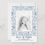 Modern Blue Love & Light Hanukkah Photo Holiday Card<br><div class="desc">A modern Hanukkah photo card design, featuring a hand-illustrated border made with foliage and chestnuts and a bold header that reads "love & light" in a beautiful light navy blue colour. Personalize with your family name and favourite picture. The image has a black and white filter that can be removed...</div>