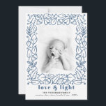 Modern Blue Love & Light Hanukkah Photo Holiday Card<br><div class="desc">A modern Hanukkah photo card design, featuring a hand-illustrated border made with foliage and chestnuts and a bold header that reads "love & light" in a beautiful light navy blue colour. Personalize with your family name and favourite picture. The image has a black and white filter that can be removed...</div>