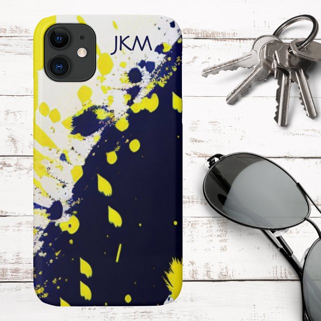 Modern Blue & Maize Paint Splatter Monogram Case-Mate iPhone Case (Creator Uploaded)