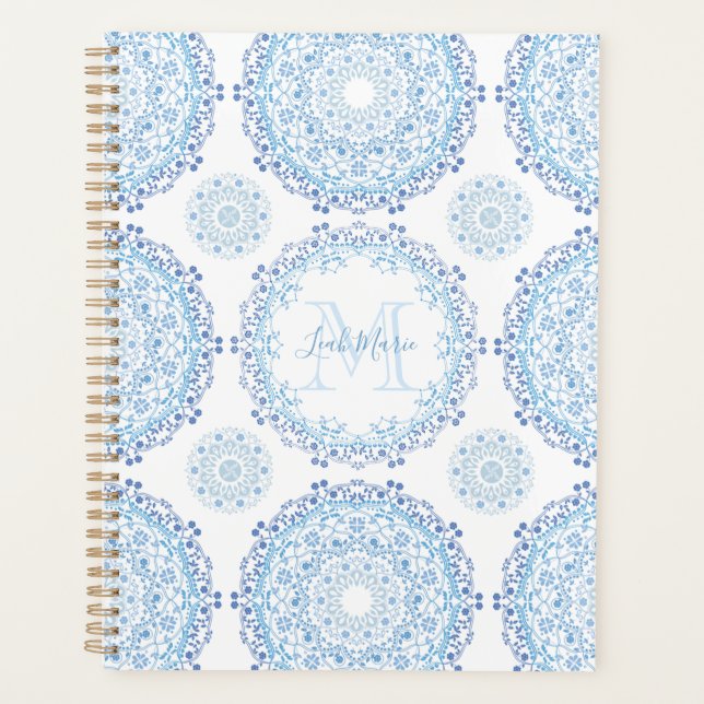 Modern Blue Mandala Monogrammed Chic Planner (Front)