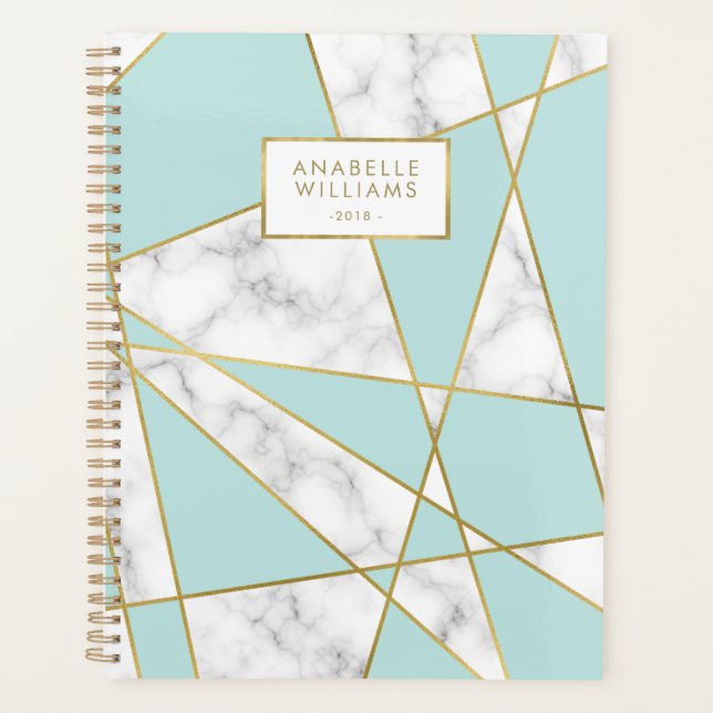 Modern Blue Marble and Gold Geometric Design Planner (Front)