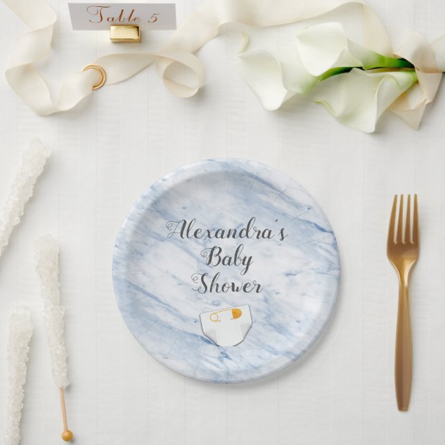Modern Blue Marble Baby Shower Diaper Personalized Paper Plate (Wedding)