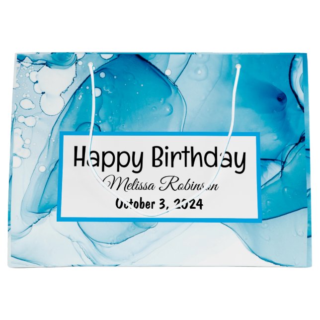 Modern Blue marbled Birthday  Large Gift Bag (Front)