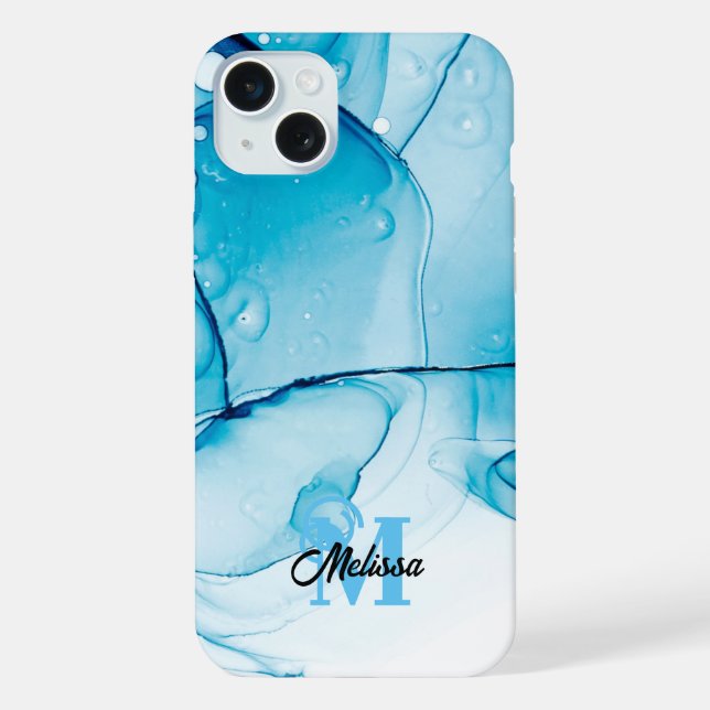 Modern Blue Marbled monogram iPhone Case (Back)