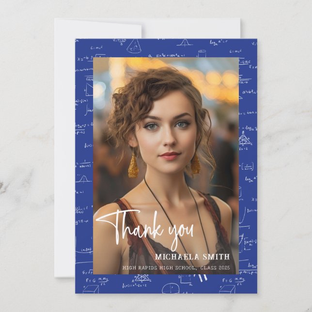 Modern Blue Math Script Photo Graduation  Thank You Card (Front)