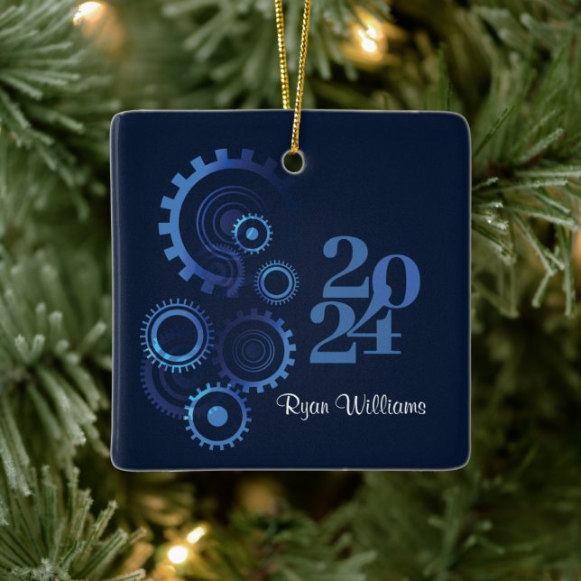 Modern Blue Mechanical Engineer Graduation Party Ceramic Ornament (Tree)