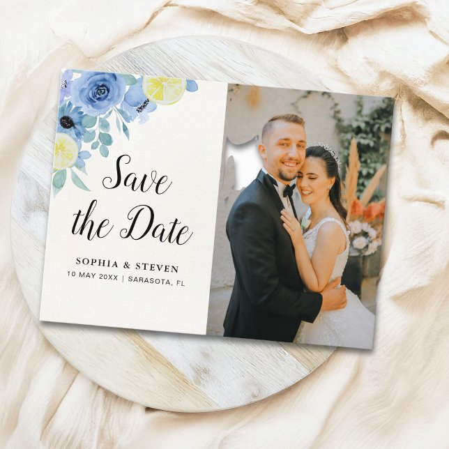 Modern Blue Mediterranean Lemon Wedding Postcard (Creator Uploaded)