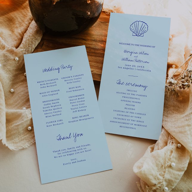 Modern Blue Mediterranean Shell Wedding Program (Creator Uploaded)