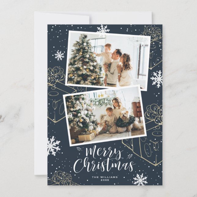 Modern Blue Merry Christmas 2 Photo Holiday Card (Front)