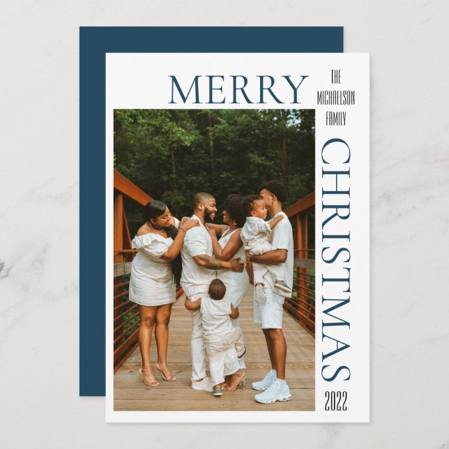 Modern Blue Merry Christmas Photo Holiday Card (Front/Back)