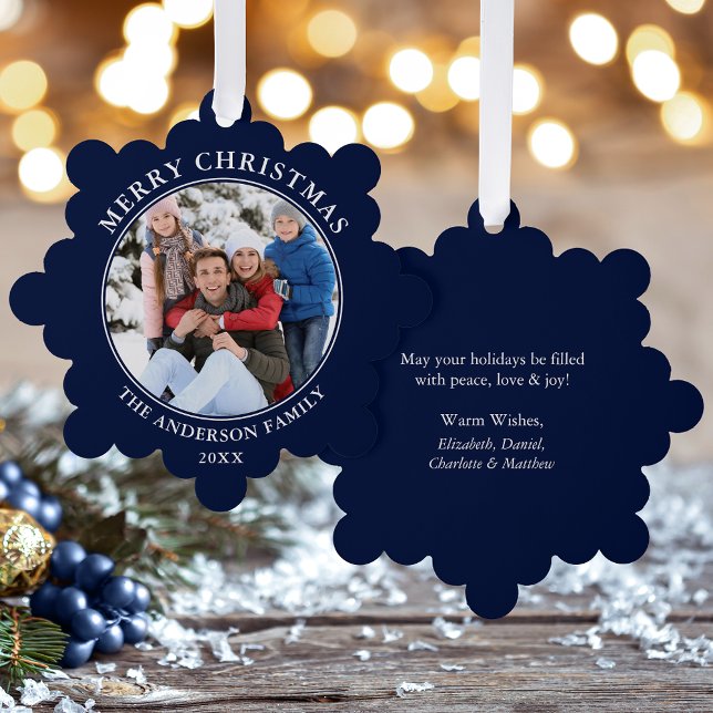Modern Blue Merry Christmas Photo Ornament Card (A greeting card that is also an ornament! Customize with your photo and personalized text.)