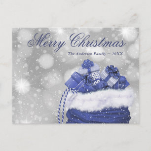 Modern Blue Merry Christmas Snow Presents Holiday Postcard