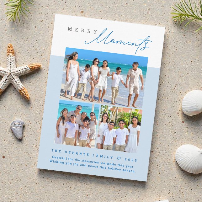 Modern blue “Merry Moments” Multi-Photo family Holiday Card (Family photo collage blue white Merry Moments vacation Christmas cards.)