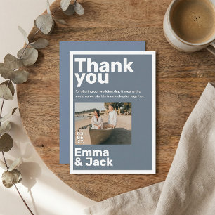 Modern blue minimalist photo wedding thank you card
