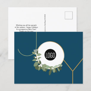 Modern Blue Minimalist Wreath JOY Business logo Holiday Postcard