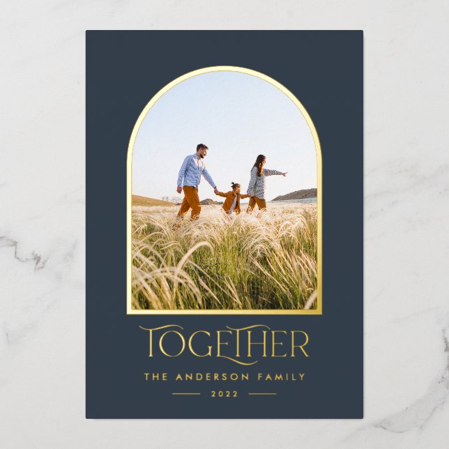 Modern blue modern minimal arch photo together foi foil holiday card (Front)