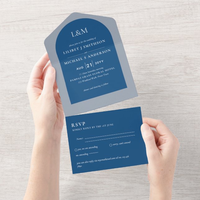 Modern Blue Monochrome Text only Wedding All In One Invitation (Tearaway)