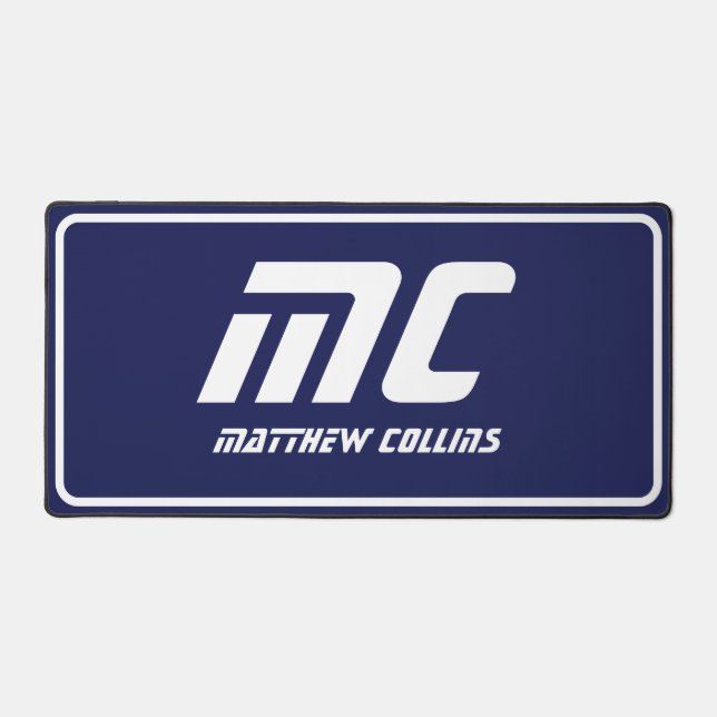 Modern Blue Monogram Clean Minimal Name Simple Desk Mat (Front)