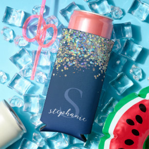 Modern Blue Monogram Holographic Glitter Custom Seltzer Can Cooler