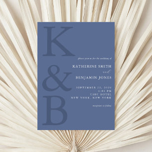 Modern Blue Monogram Minimalist Wedding Invitation