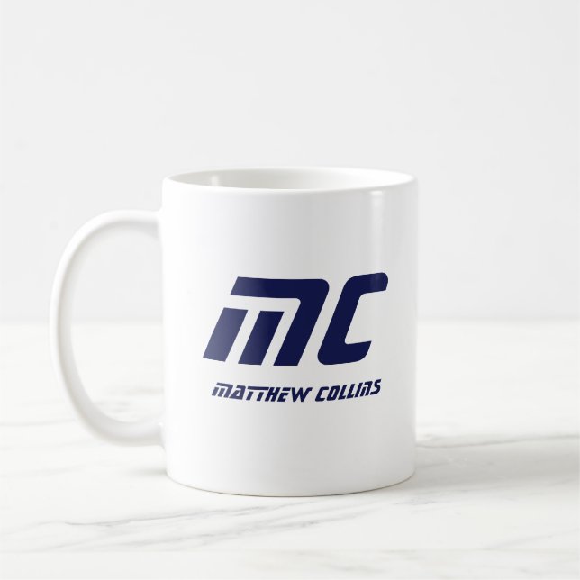 Modern Blue Monogram Name Bold Simple for Him Coffee Mug (Left)