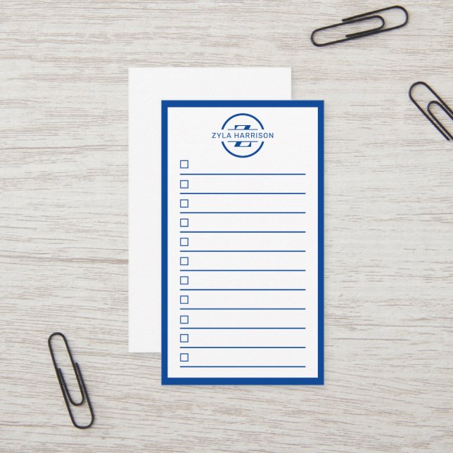 Modern Blue Monogram Name To Do List Business Card (Front/Back In Situ)