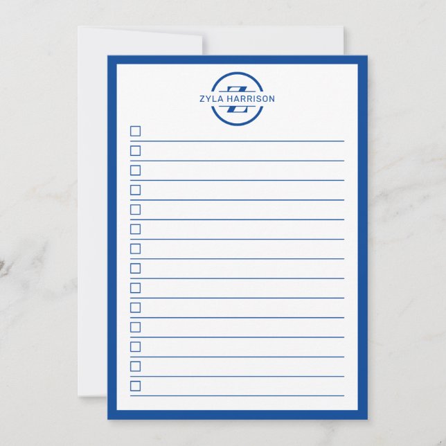 Modern Blue Monogram Name To Do List Invitation (Front)