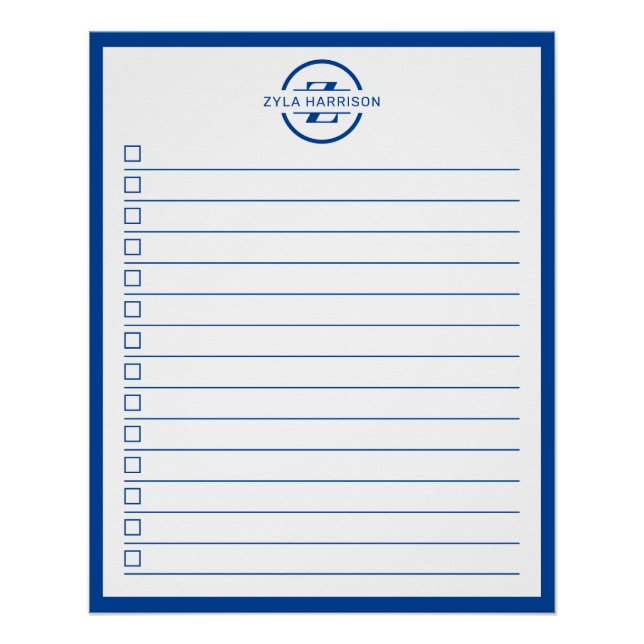 Modern Blue Monogram Name To Do List Poster (Front)