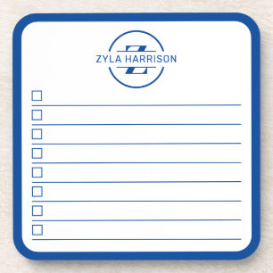 Modern Blue Monogram Name To Do List Whiteboard Coaster