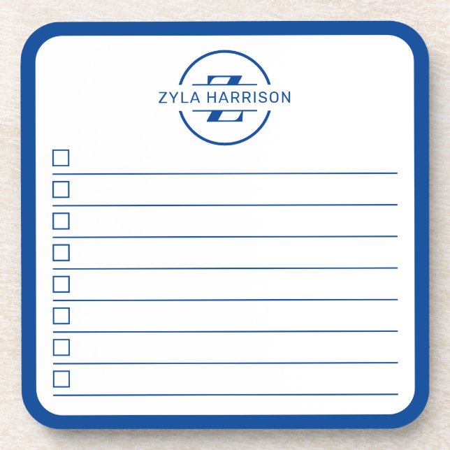 Modern Blue Monogram Name To Do List Whiteboard Coaster (Front)