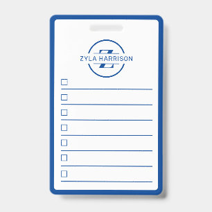 Modern Blue Monogram Name Whiteboard To Do List Badge