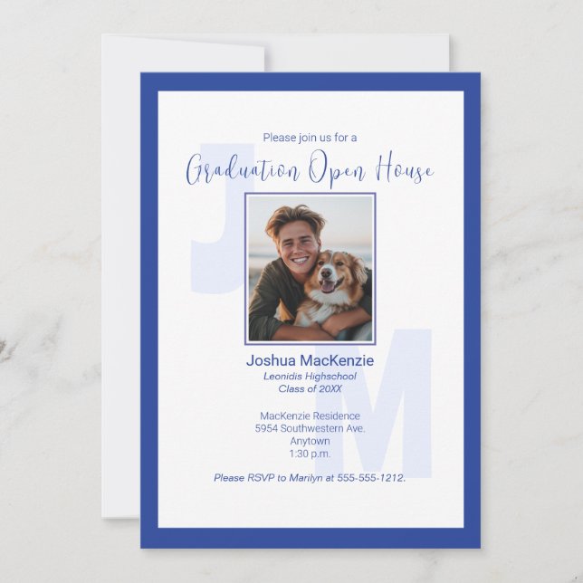 Modern Blue Monogram Photo Graduation Invitation (Front)