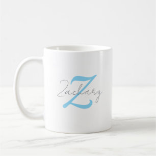 Modern Blue Monogram & Script Name Personalized Coffee Mug
