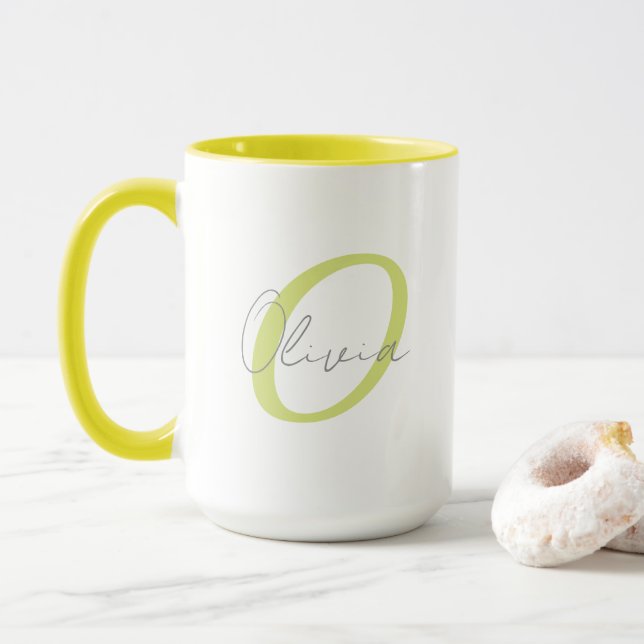 Modern Blue Monogram & Script Name Personalized  Mug (With Donut)