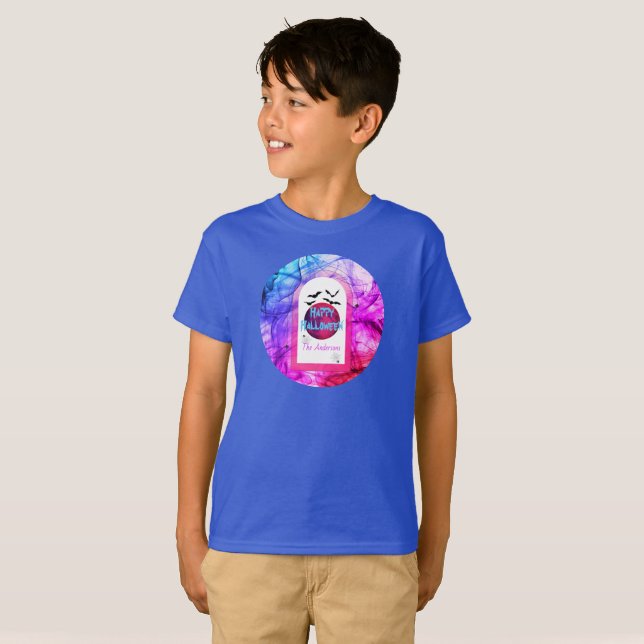 Modern Blue Moon Spooky Happy Halloween Kids T-Shirt (Front Full)