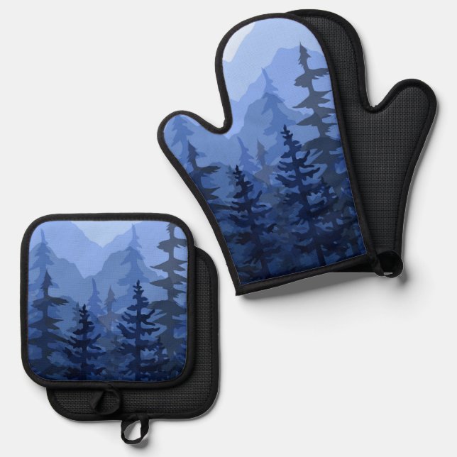 Modern Blue Mountain Forest Oven Mitt & Pot Holder Set (Front/Back)