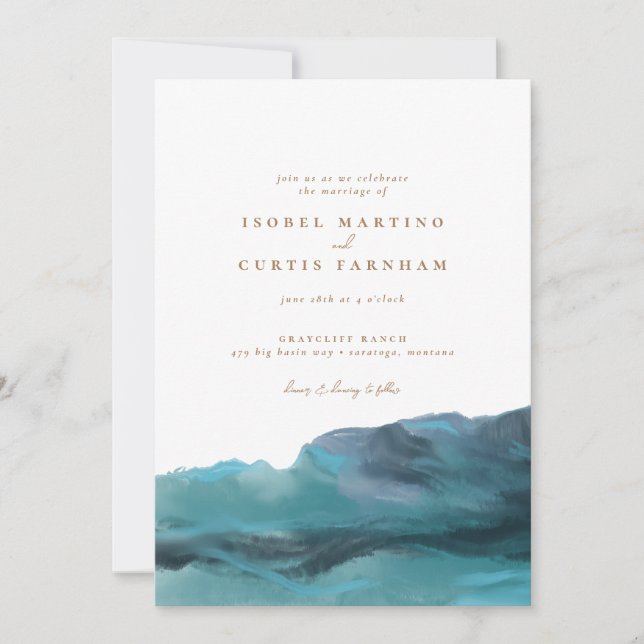 Modern Blue Mountains Ocean Waves Wedding Invitation (Front)