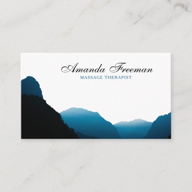 Modern Blue Mountains Silhouette Massage Therapy Business Card (Front)