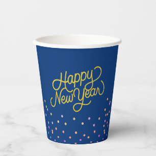 Modern Blue & Multicolor Dots Happy New Year Paper Cups