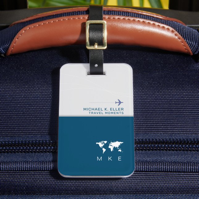 Modern BLUE (name and initials) Traveller Luggage Tag (Front Insitu 2)
