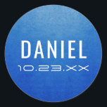 Modern Blue Name Date Mitzvah Birthday Favour Classic Round Sticker<br><div class="desc">Blue faux metal effect name and date sticker with futuristic and modern computer or robot fonts,  perfect for a teen boy birthday party or bar mitzvah invitations or favour label stickers.</div>