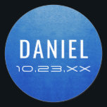 Modern Blue Name Date Mitzvah Birthday Favour Classic Round Sticker<br><div class="desc">Blue faux metal effect name and date sticker with futuristic and modern computer or robot fonts,  perfect for a teen boy birthday party or bar mitzvah invitations or favour label stickers.</div>