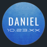 Modern Blue Name Date Mitzvah Birthday Favour Classic Round Sticker<br><div class="desc">Blue faux metal effect name and date sticker with futuristic and modern computer or robot fonts,  perfect for a teen boy birthday party or bar mitzvah invitations or favour label stickers.</div>