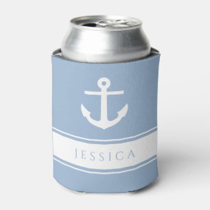 Modern Blue Nautical Anchor Custom Name  Can Cooler
