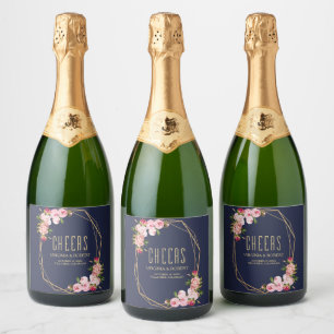 Modern Blue Navy Geometric Blush Pink Wedding Sparkling Wine Label