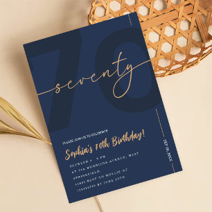 Modern Blue Navy & Gold 70th Birthday Invitation